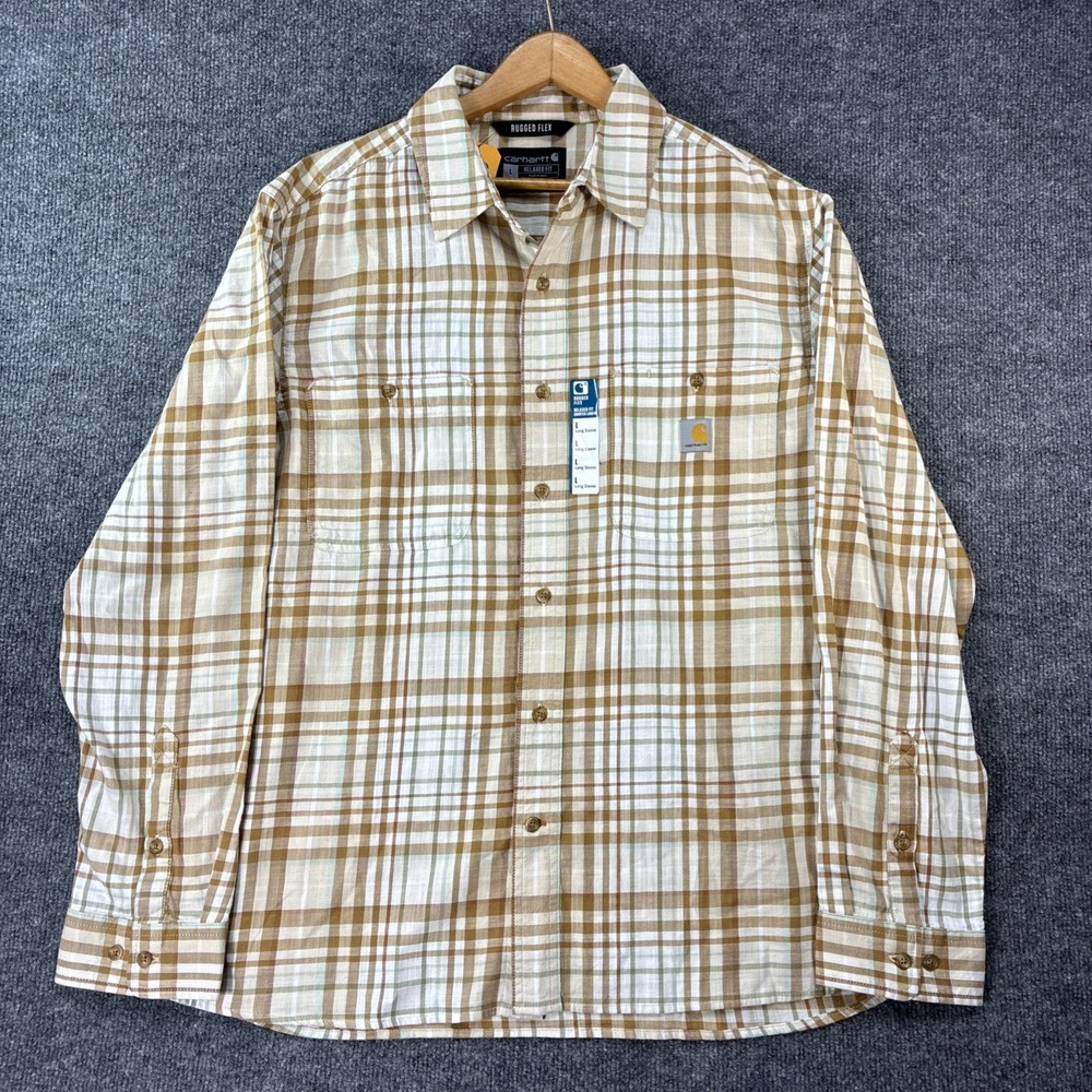 Carhartt Shirt Men's L Tan Plaid Rugged Flex Relaxed Fit Button Up Long Sleeve